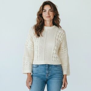 Madewell Women's XS David‎ Long Sleeve Open Stitch Pullover Sweater Cream NWT
